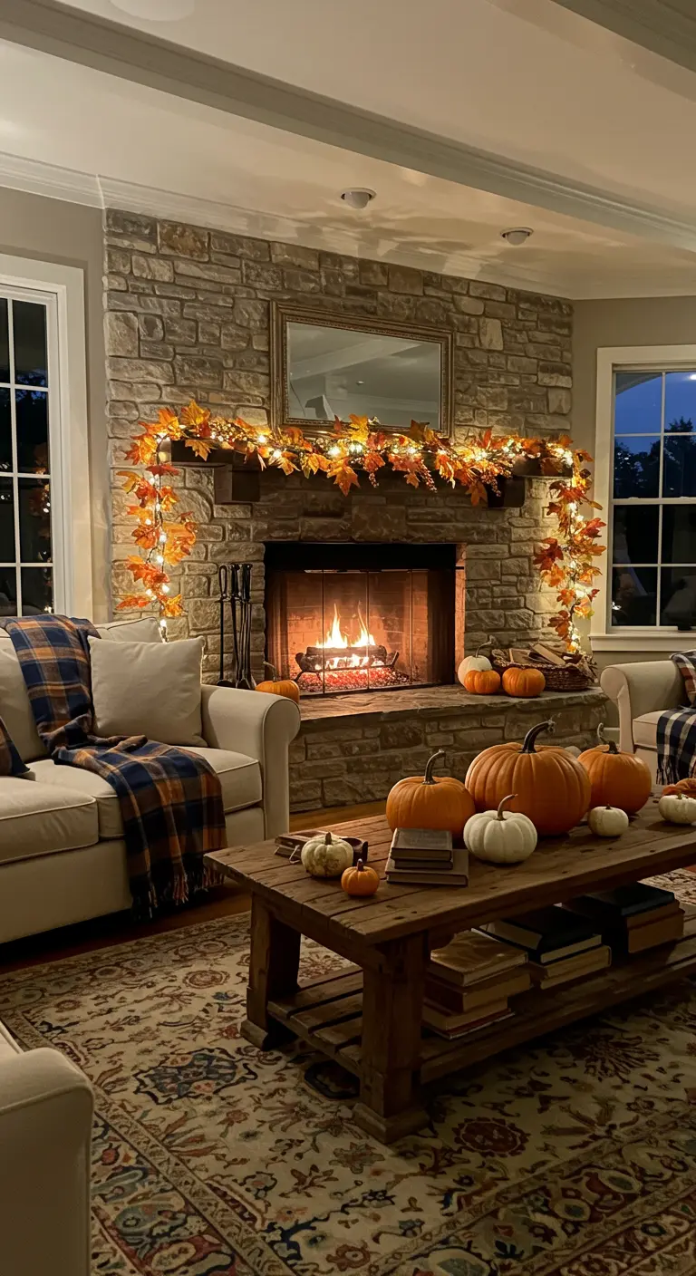 Salon cosy avec cheminée en pierre, guirlande lumineuse et citrouilles