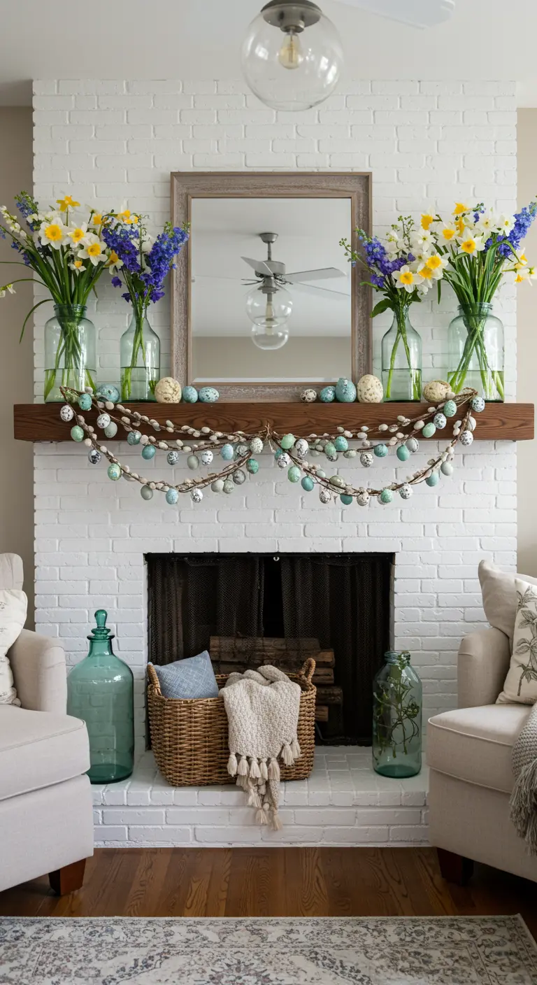 Cheminée en briques blanches décorée de guirlandes d'œufs et de bouquets de jonquilles.