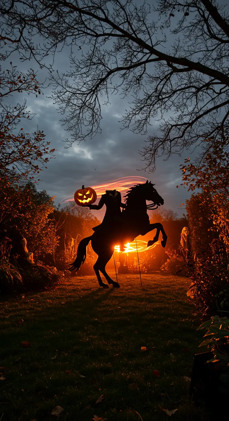 Silhouette du cavalier sans tête tenant une citrouille, rétroéclairée par une lumière orange.