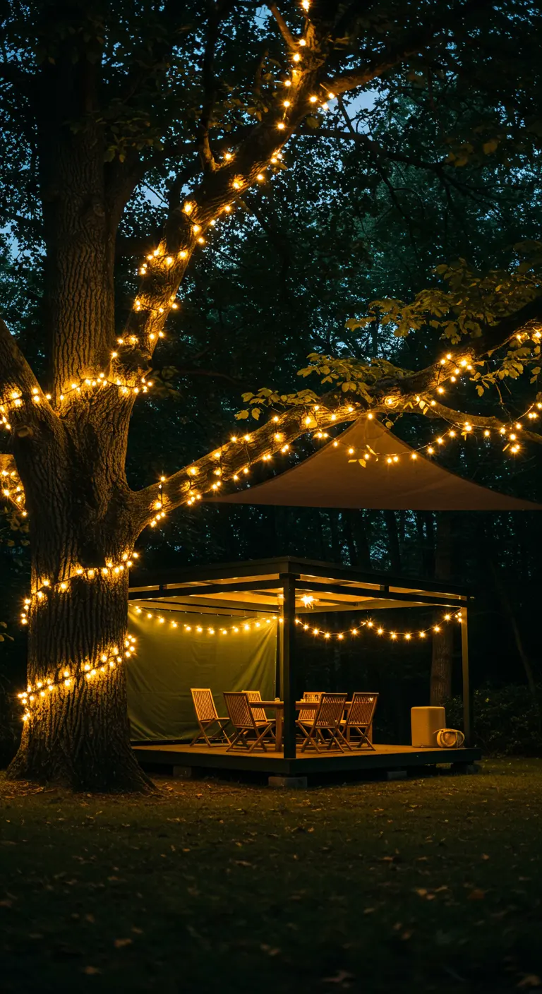 Pergola en bois dans les bois, avec des guirlandes lumineuses sur la structure et un arbre voisin.