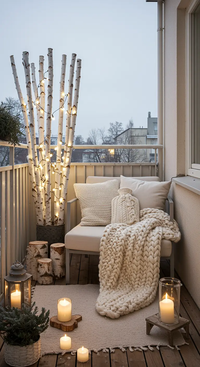 Balcon de style scandinave avec des branches de bouleau illuminées et un plaid en grosse maille.