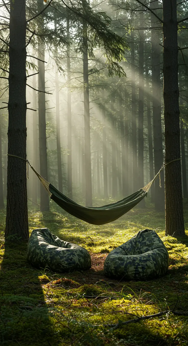 Hamac et poufs camouflage dans une forêt baignée de lumière.