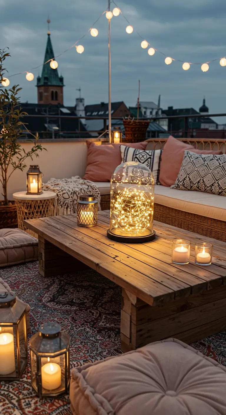 Une cloche en verre sur une table basse en bois, contenant une guirlande lumineuse enroulée.