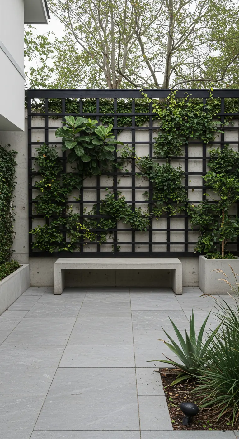 Mur végétal contemporain avec treillis noir et différentes plantes grimpantes vertes, un banc en béton.