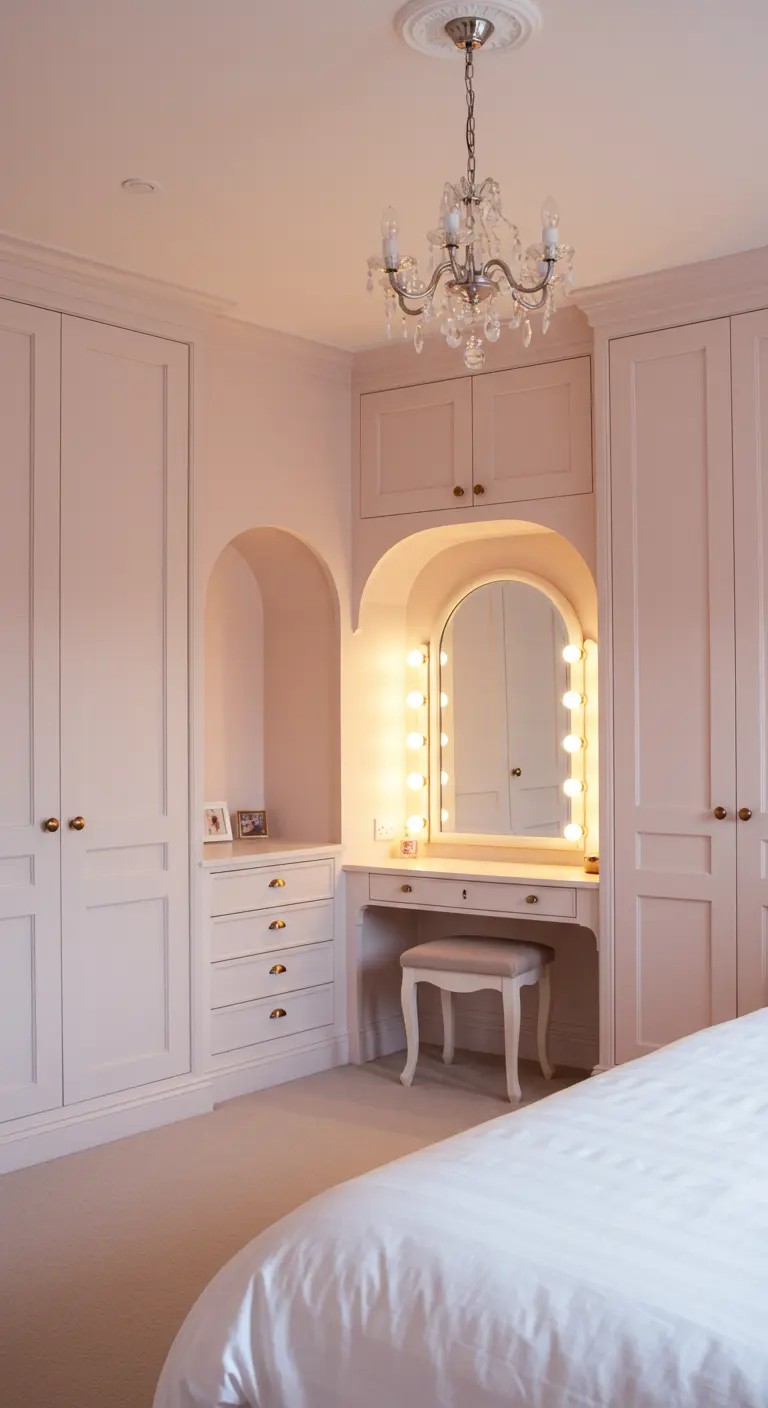 Coiffeuse intégrée dans une niche cintrée entre deux armoires, avec miroir éclairé.