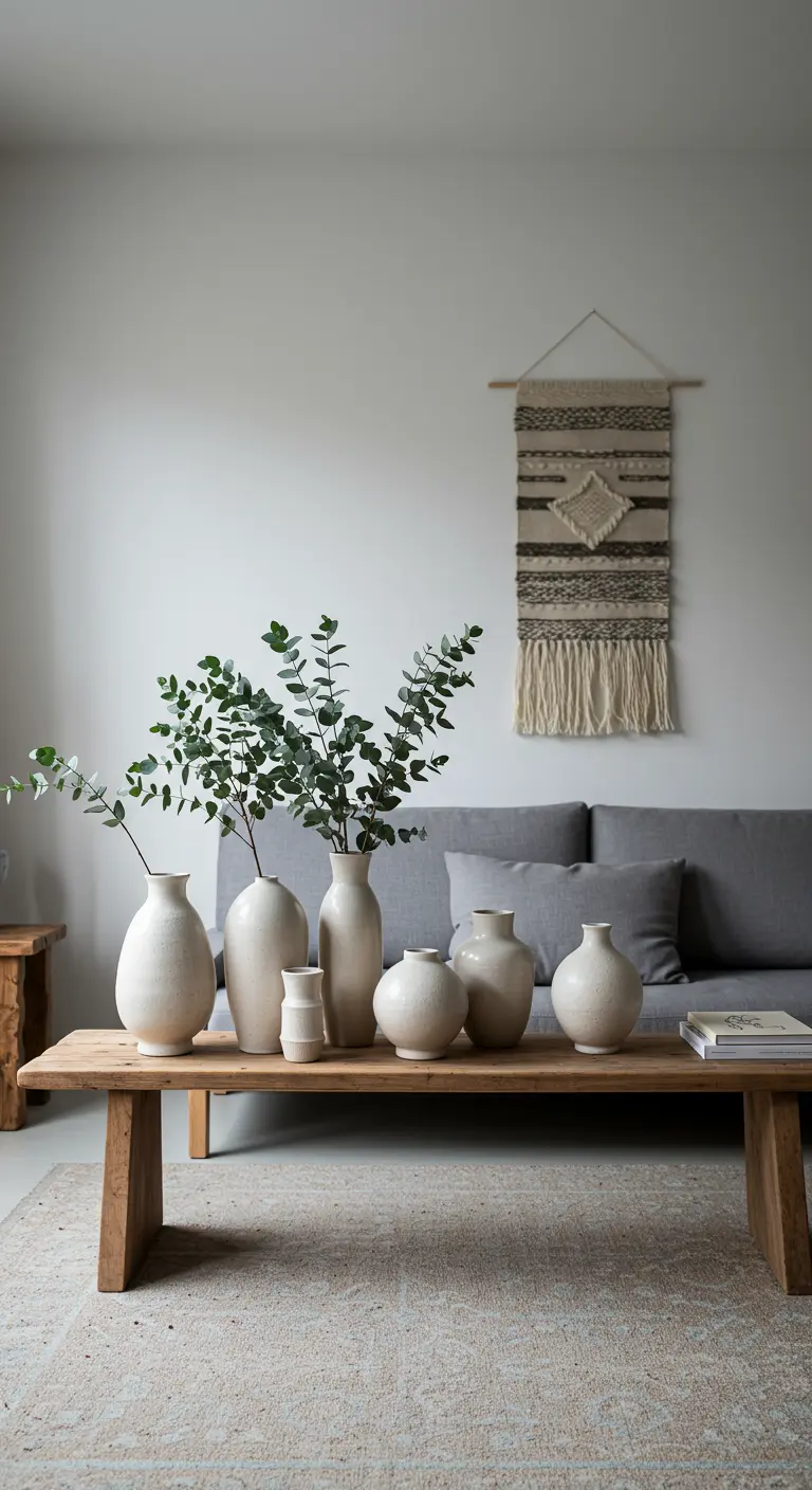 Table basse en bois rustique ornée d'une collection de vases en céramique claire et de branches d'eucalyptus.