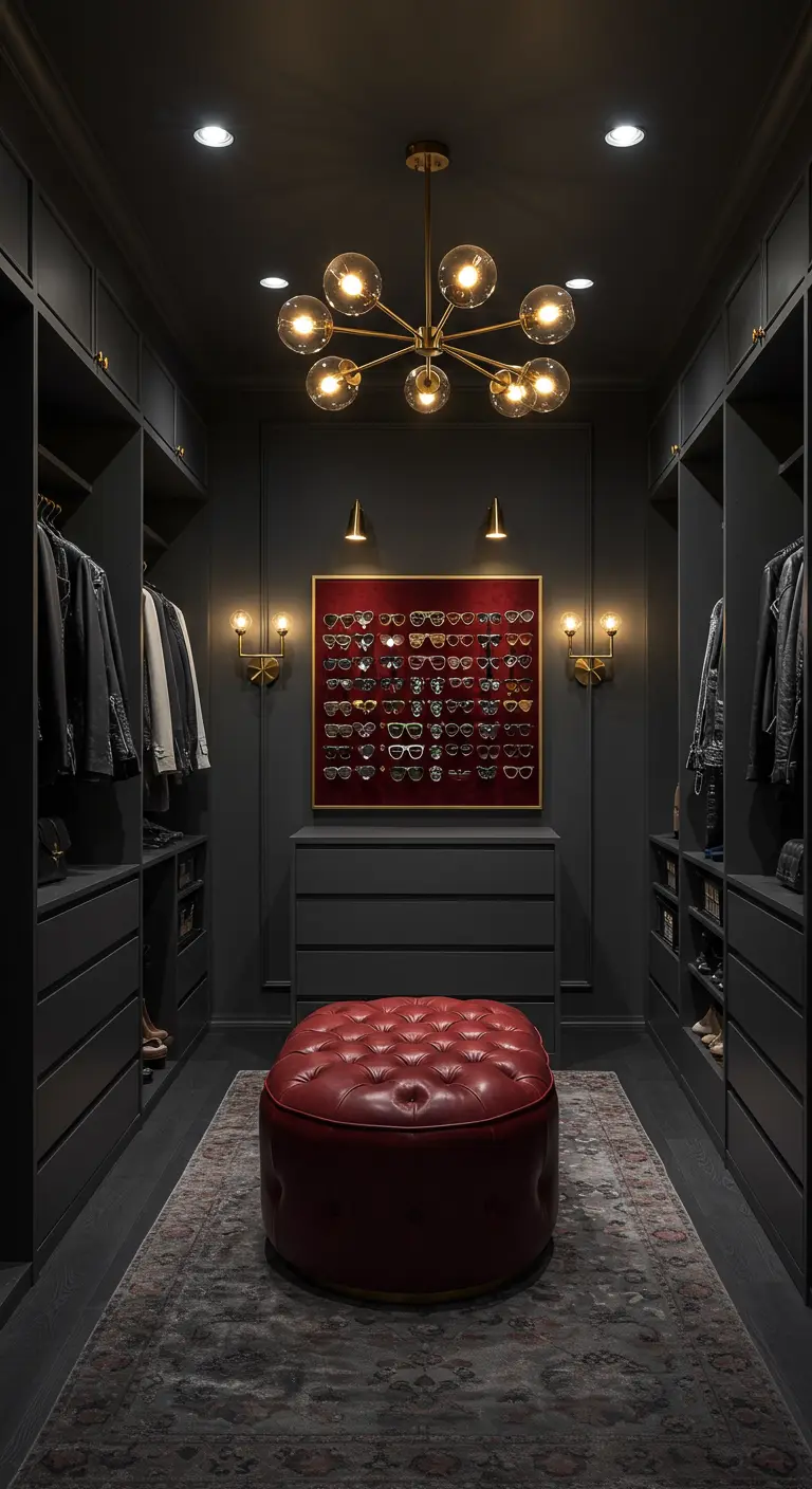 Cadre mural exposant une collection de lunettes de soleil dans un dressing sombre.