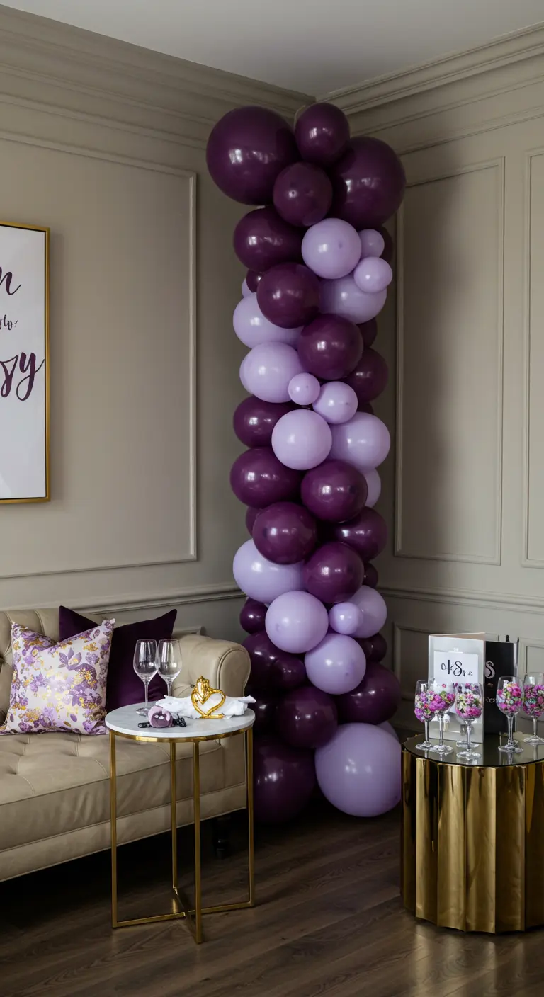 Colonne verticale de ballons dans un dégradé de violets et de lavande dans un coin de salon.