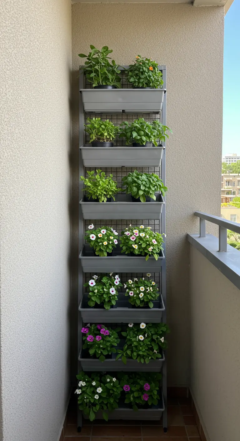 Une tour de plantation verticale et étroite, grise, remplie de petites fleurs et d'herbes.