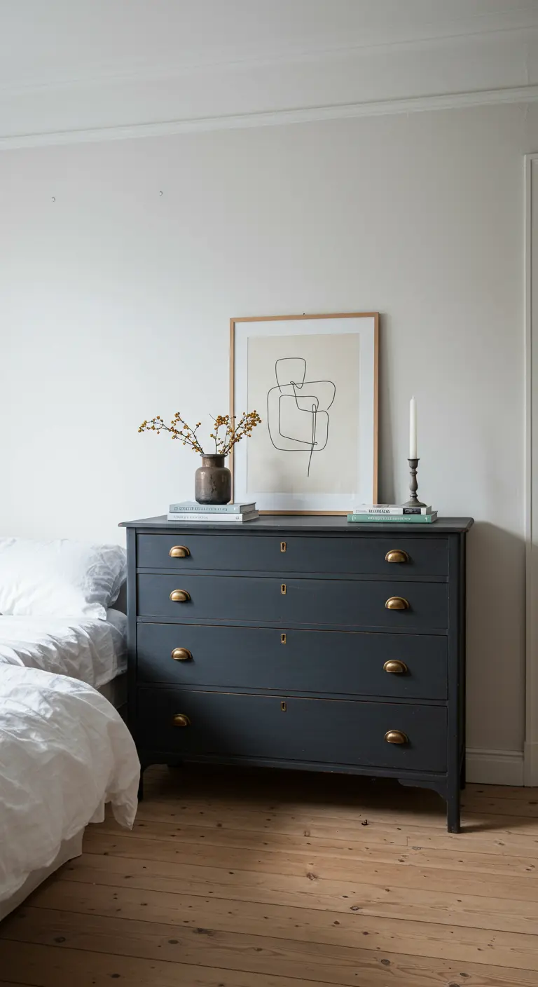 Commode vintage peinte en gris foncé avec des poignées en laiton, surmontée d'un cadre.