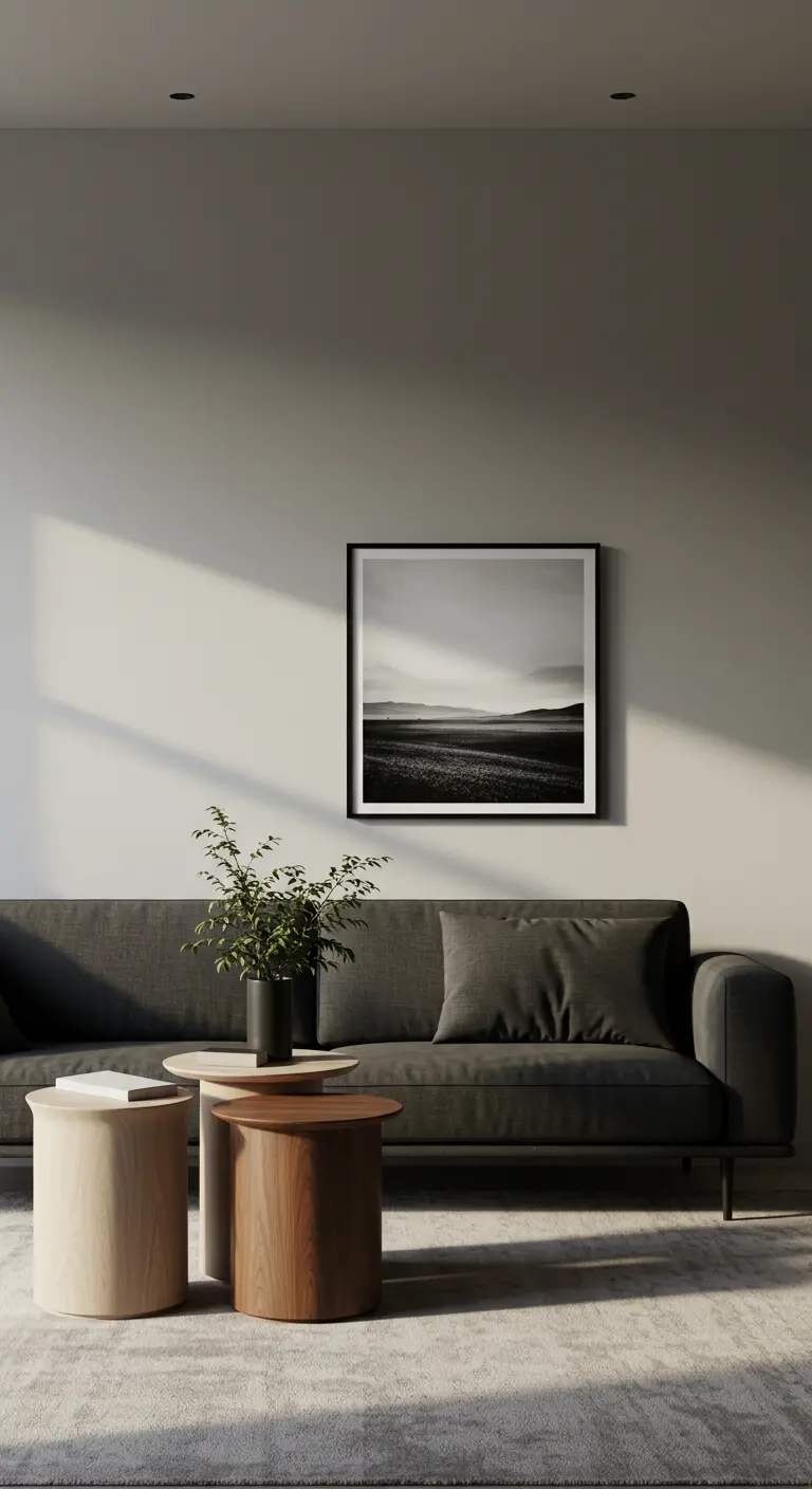 Canapé gris foncé avec un ensemble de trois tables d'appoint cylindriques en bois de différentes teintes.