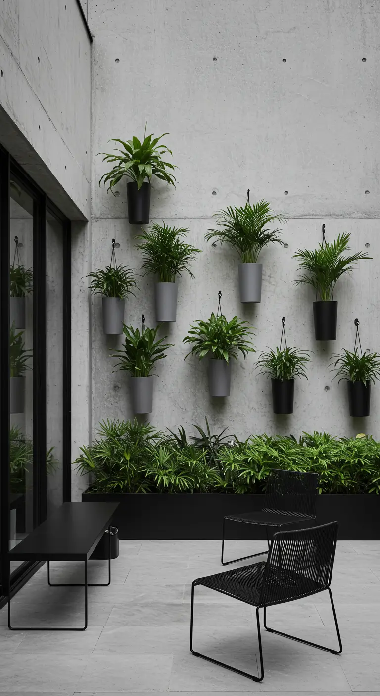 Mur en béton avec des plantes vertes dans des pots gris et noirs suspendus en quinconce.