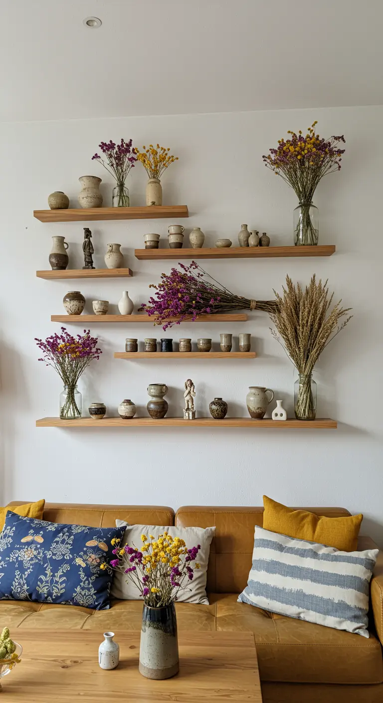 Étagères flottantes en bois avec des poteries et des bouquets de fleurs séchées colorées.