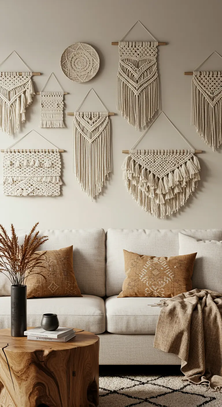 Mur beige décoré d'une collection de plusieurs tissages en macramé de différentes tailles.