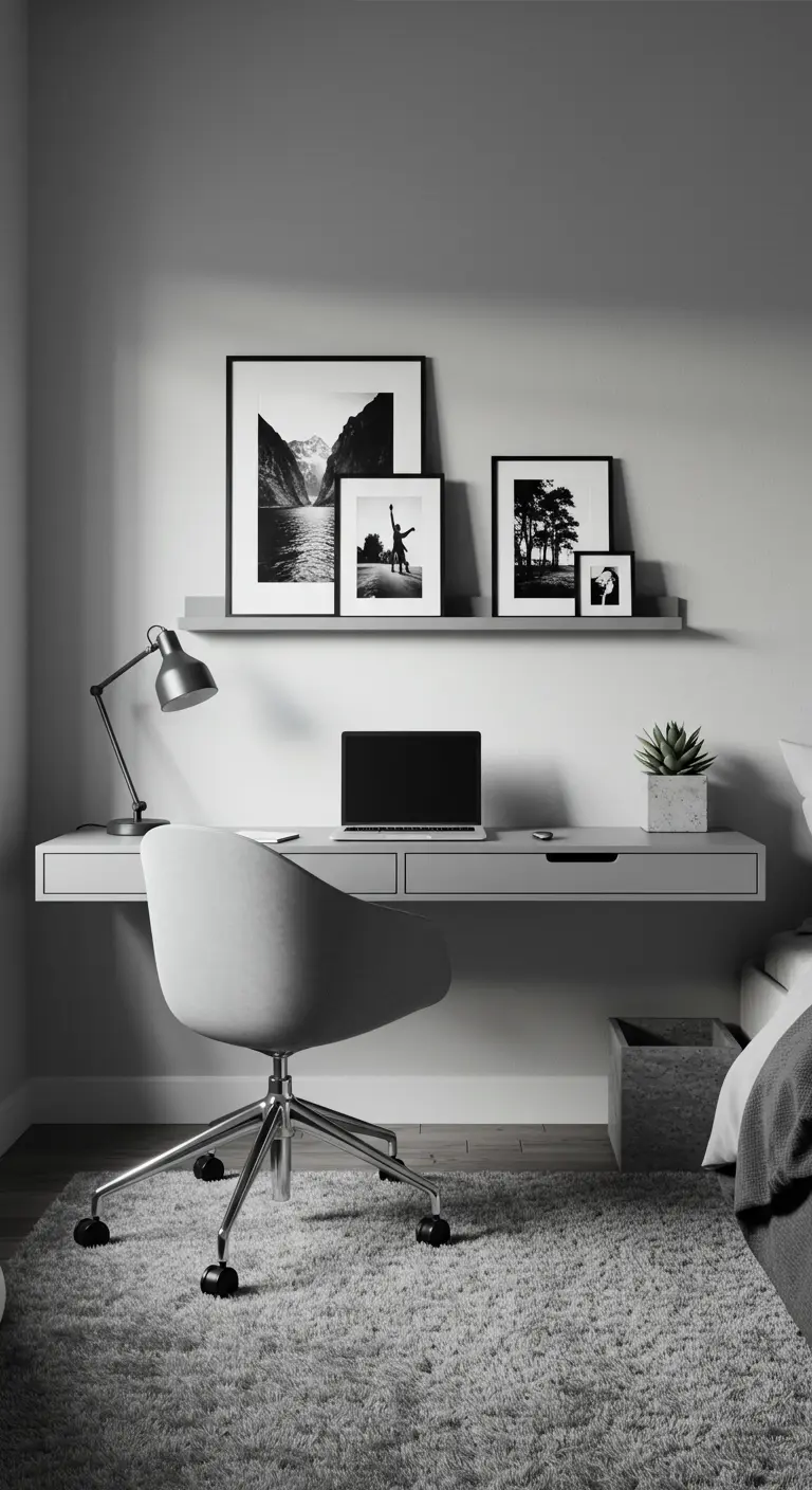 Bureau suspendu gris avec une composition de cadres photo en noir et blanc sur une étagère.