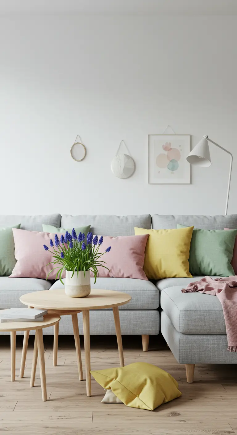 Canapé gris avec des coussins pastel jaunes, roses et verts, et un pot de muscaris