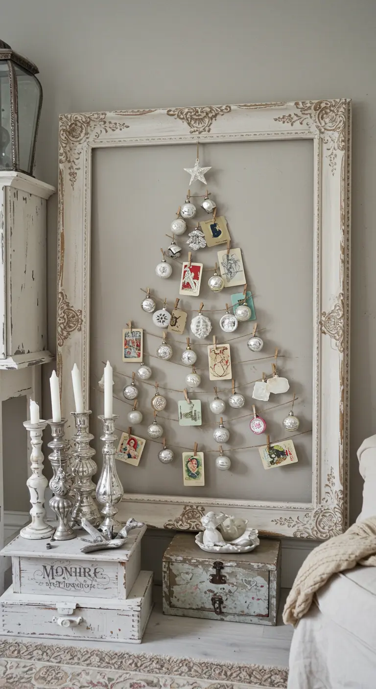 Sapin créé dans un grand cadre baroque avec des cartes postales et des boules argentées.