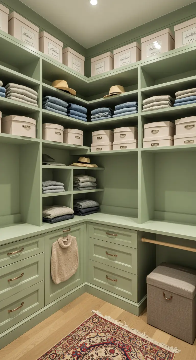 Dressing vert sauge avec des boîtes de rangement beiges uniformes sur les étagères supérieures.