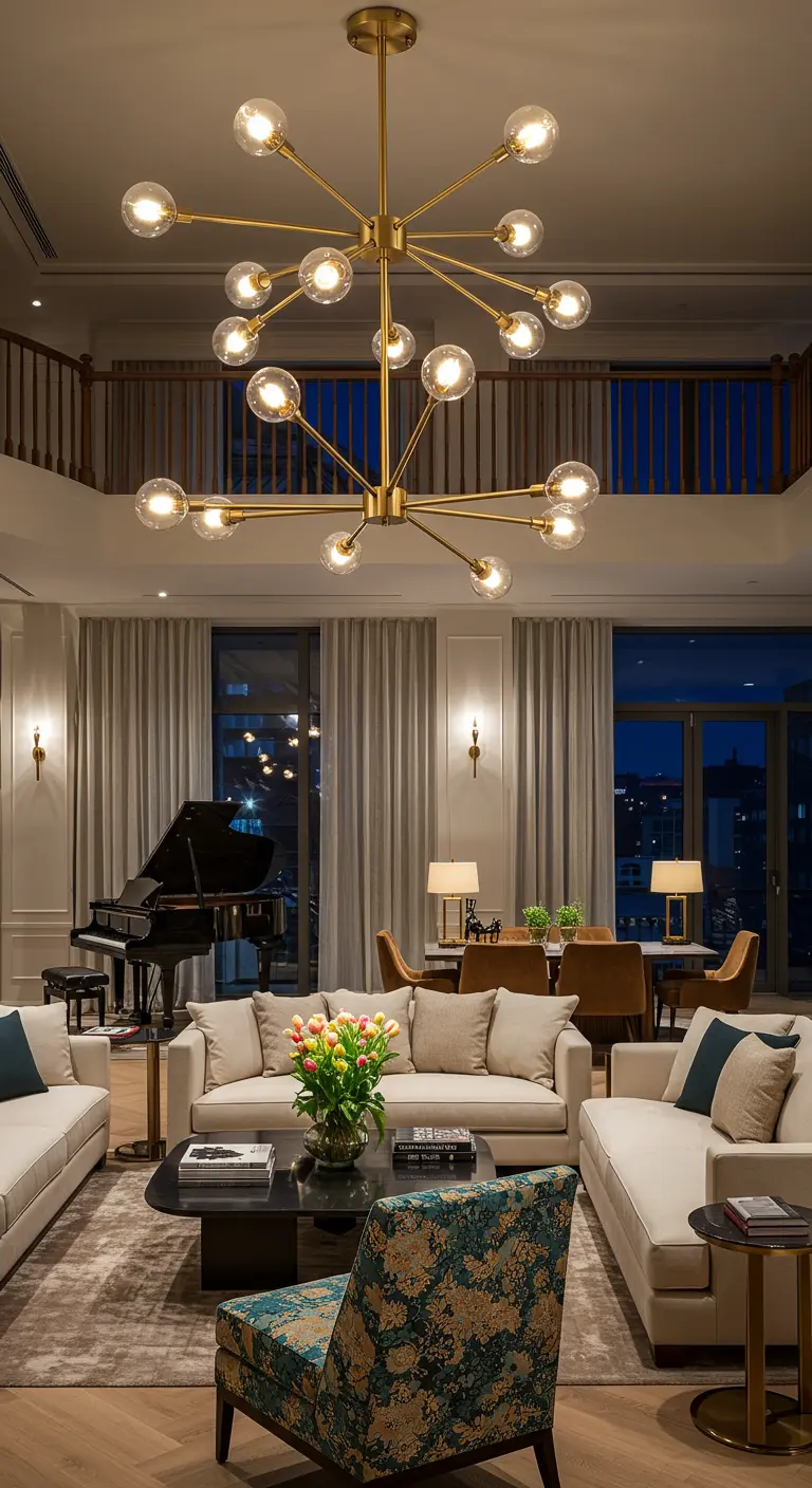 Un grand lustre Sputnik doré dans un salon à double hauteur de plafond.