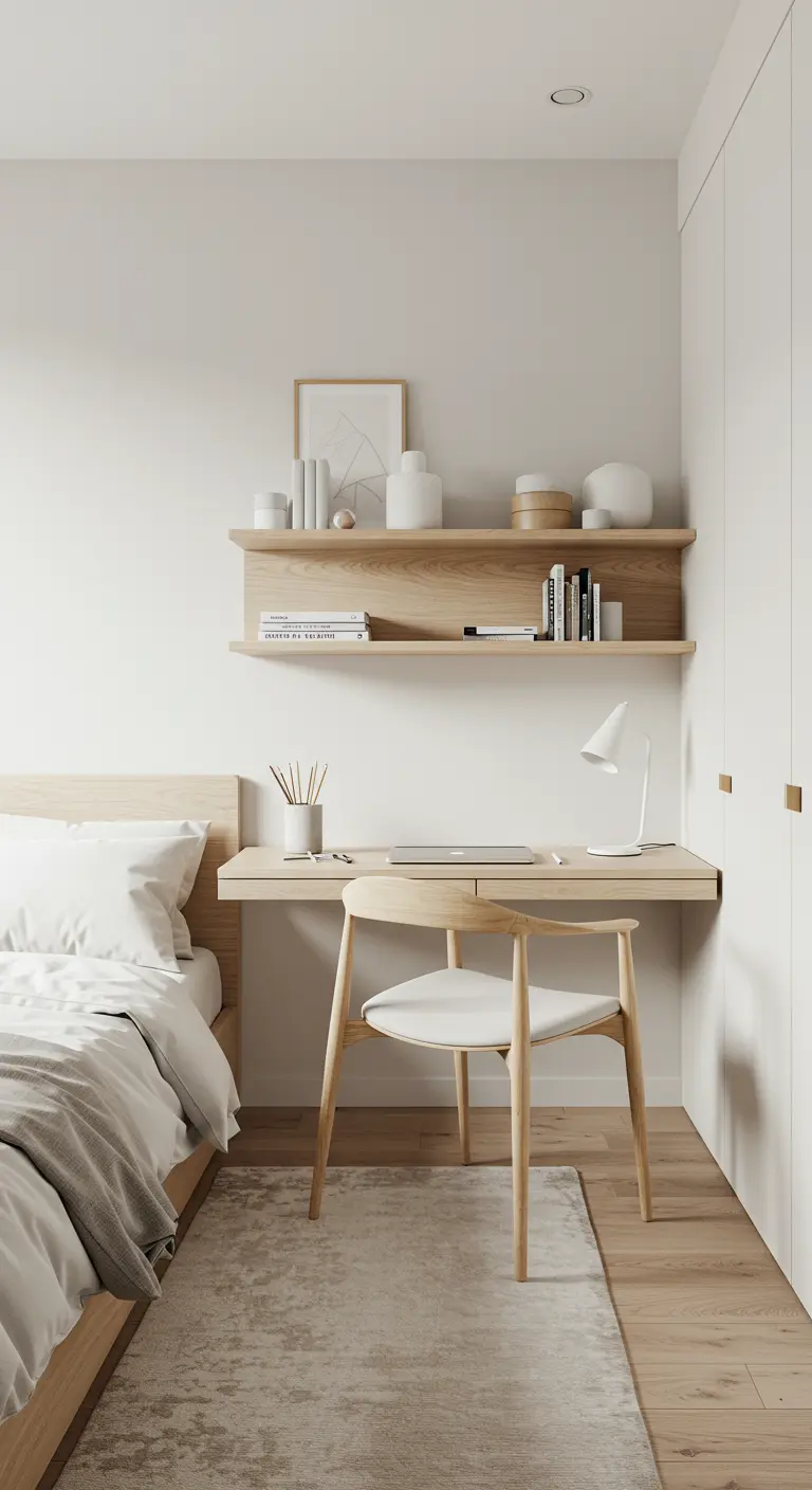 Bureau en bois clair adjacent à un lit dans une chambre blanche et bois.