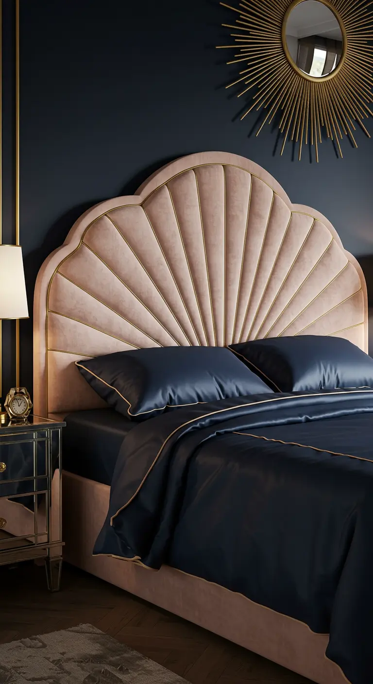 Tête de lit en velours rose poudré en forme de coquillage avec des détails dorés.