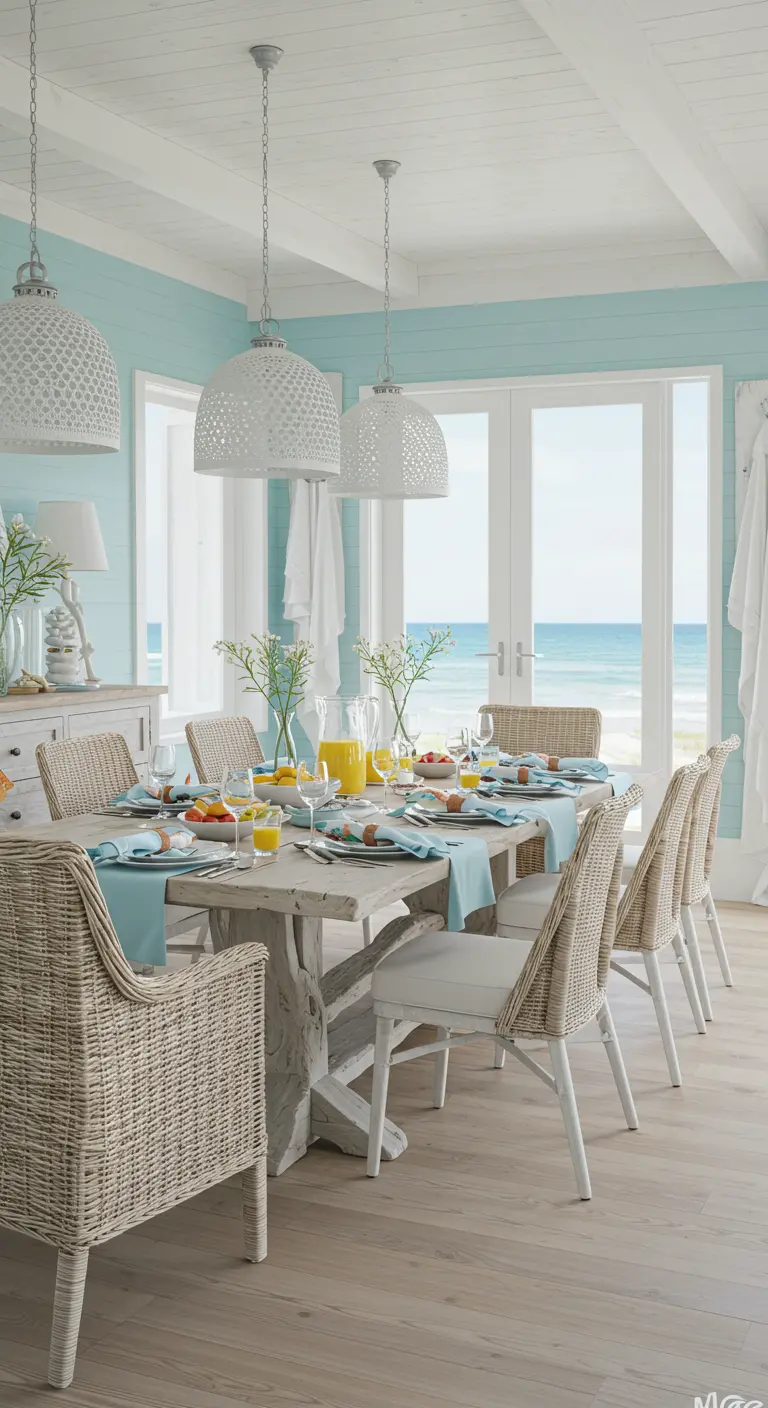 Serviette pliée en coquille sur une table de bord de mer aux tons bleus