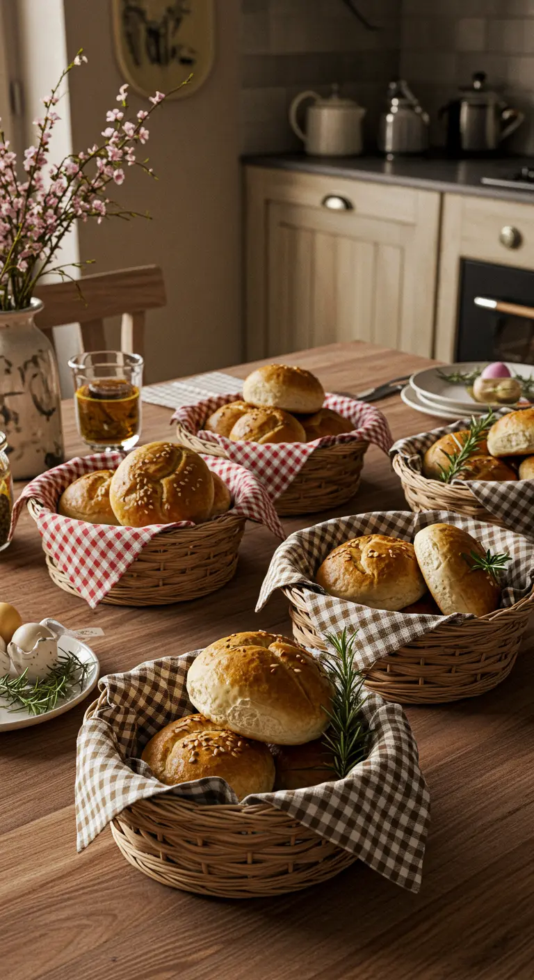 Paniers en osier garnis de petits pains et de serviettes à carreaux.