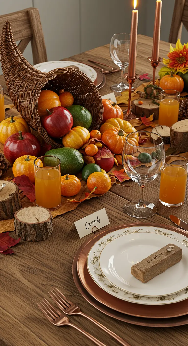 Table d'automne avec une corne d'abondance remplie de fruits et légumes.
