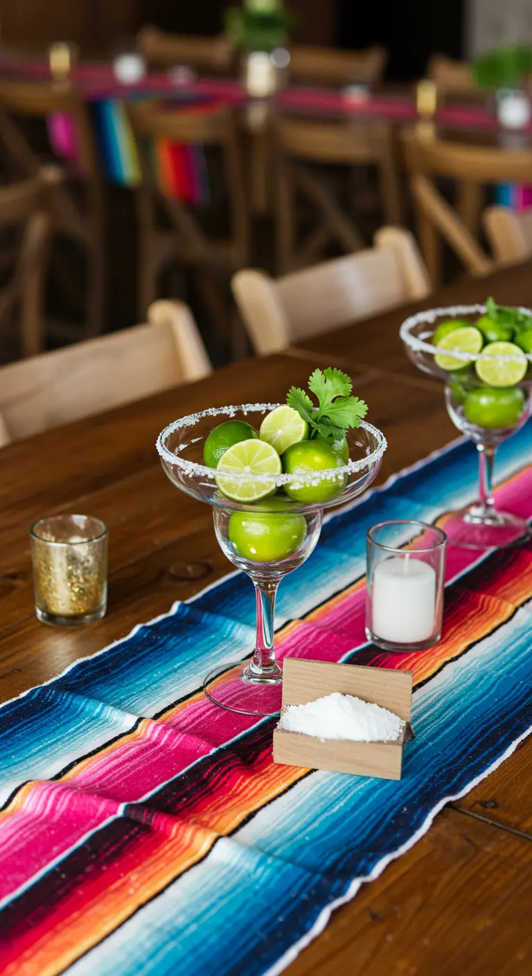 Grande coupe à Margarita remplie de limes, posée sur un chemin de table coloré.