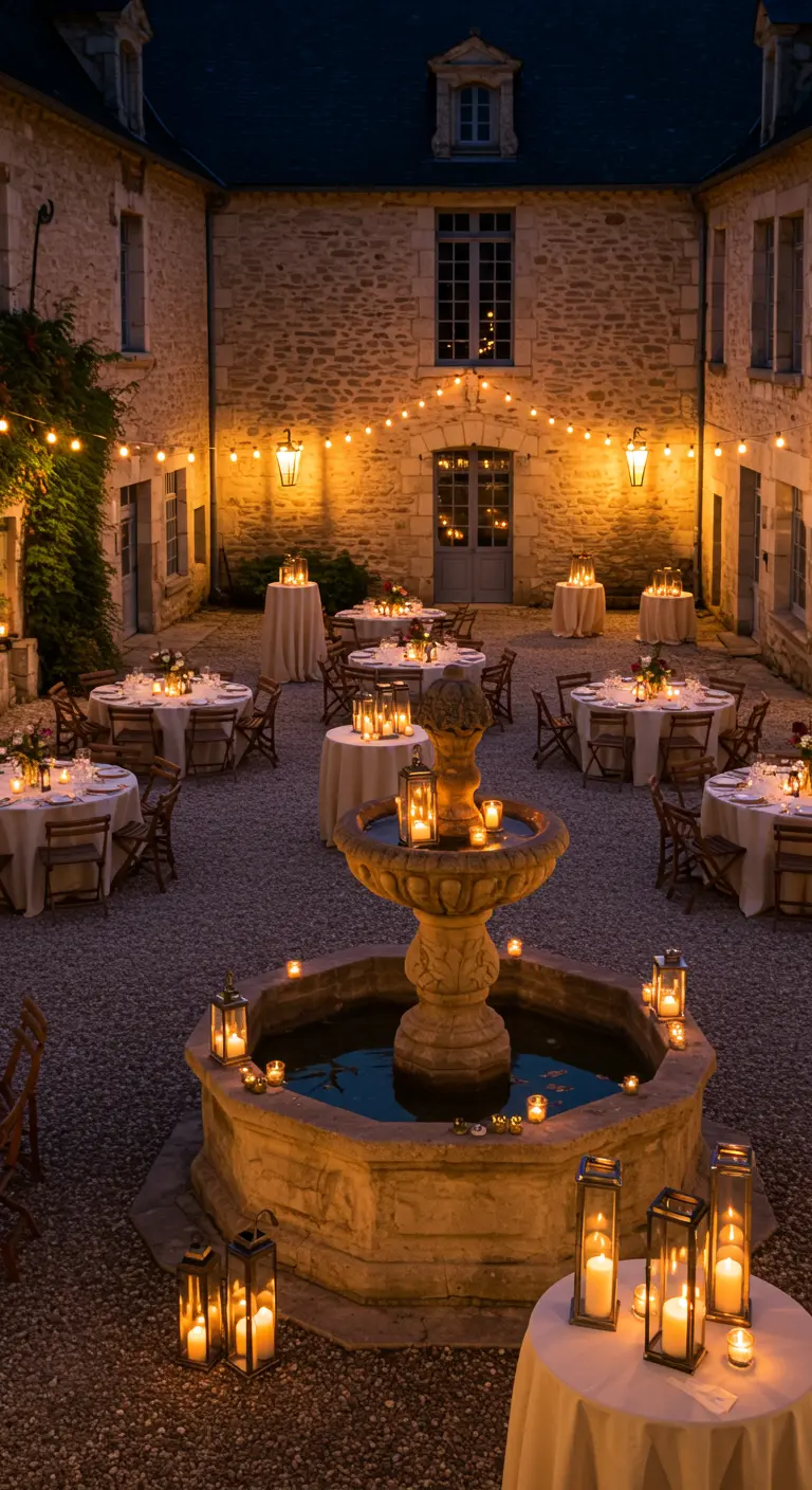 Cour intérieure en pierre illuminée par des guirlandes et des dizaines de lanternes pour une fête.