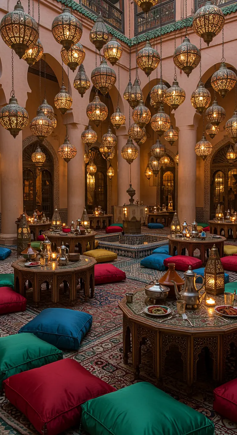 Cour intérieure marocaine illuminée par des centaines de lanternes ajourées et coussins colorés.