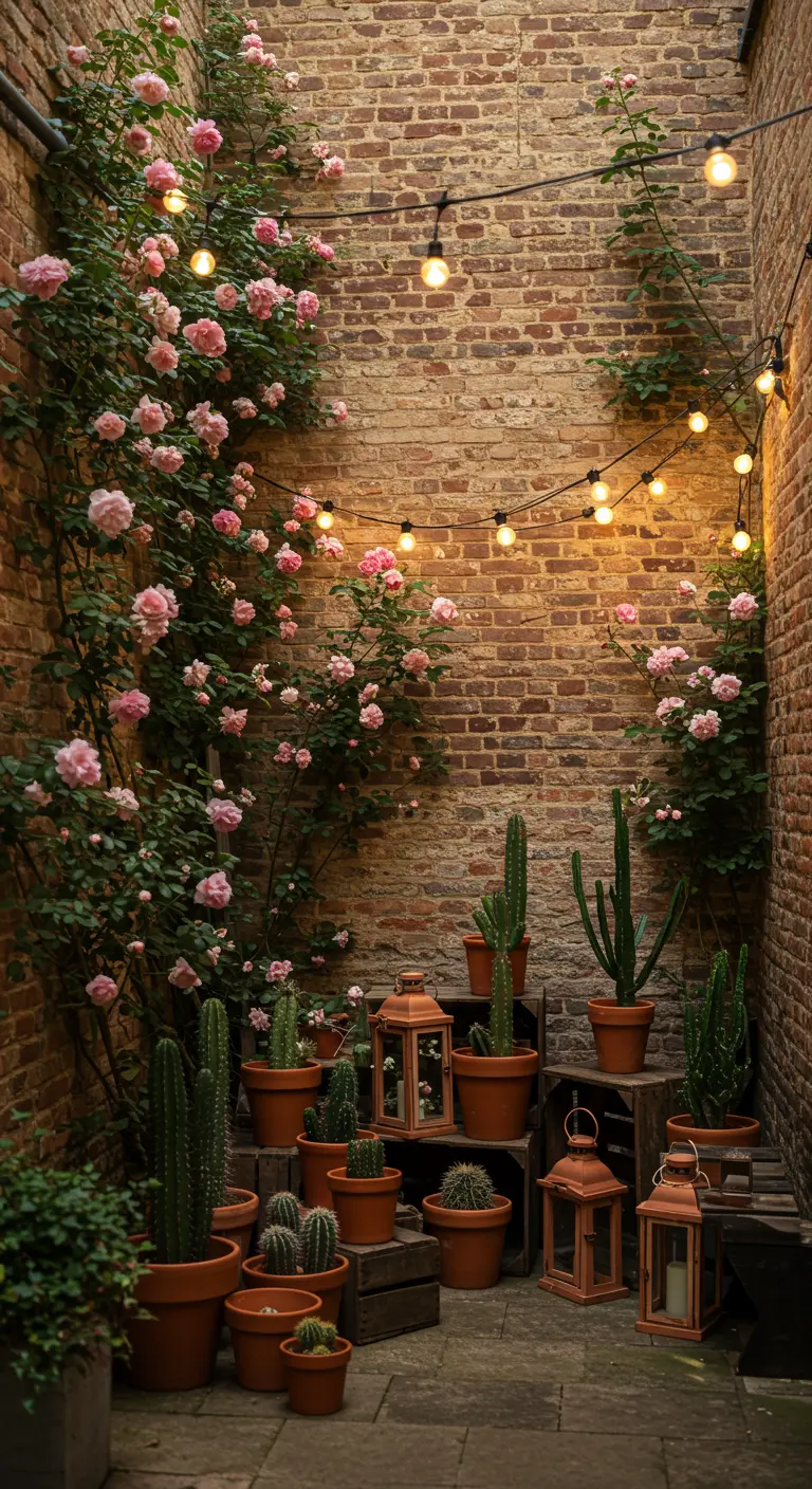 Cour intérieure en briques avec des rosiers grimpants, des cactus en pot et une guirlande lumineuse.