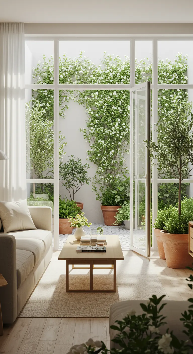 Salon s'ouvrant sur une cour intérieure verdoyante avec des plantes grimpantes.