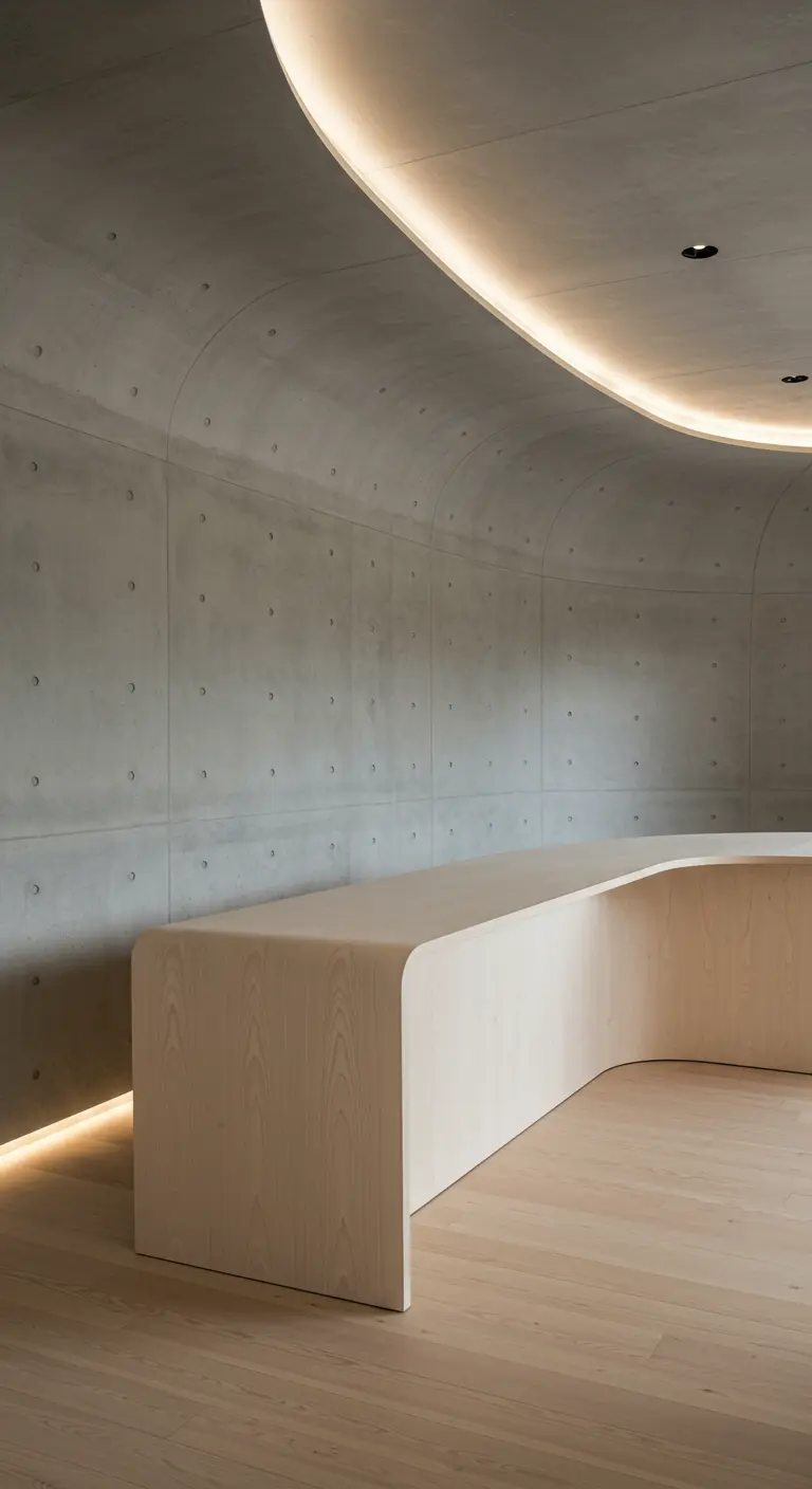 Long bureau incurvé en bois clair contre un mur courbe en béton, avec un éclairage intégré.