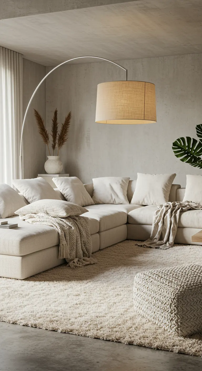 Canapé d'angle blanc avec un grand lampadaire arqué et un tapis épais.