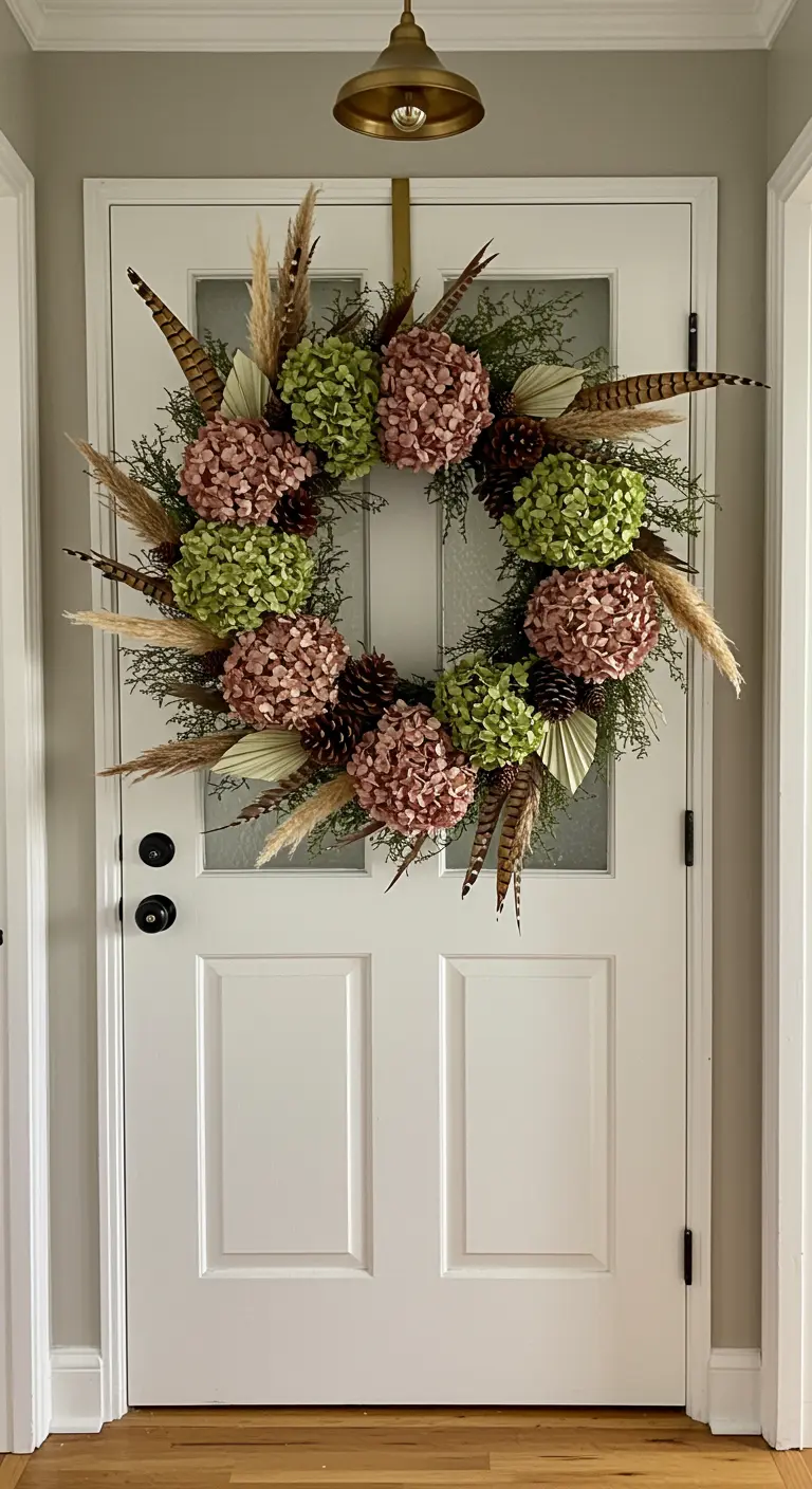 Couronne de porte automnale avec hortensias séchés, herbe de la pampa et plumes.