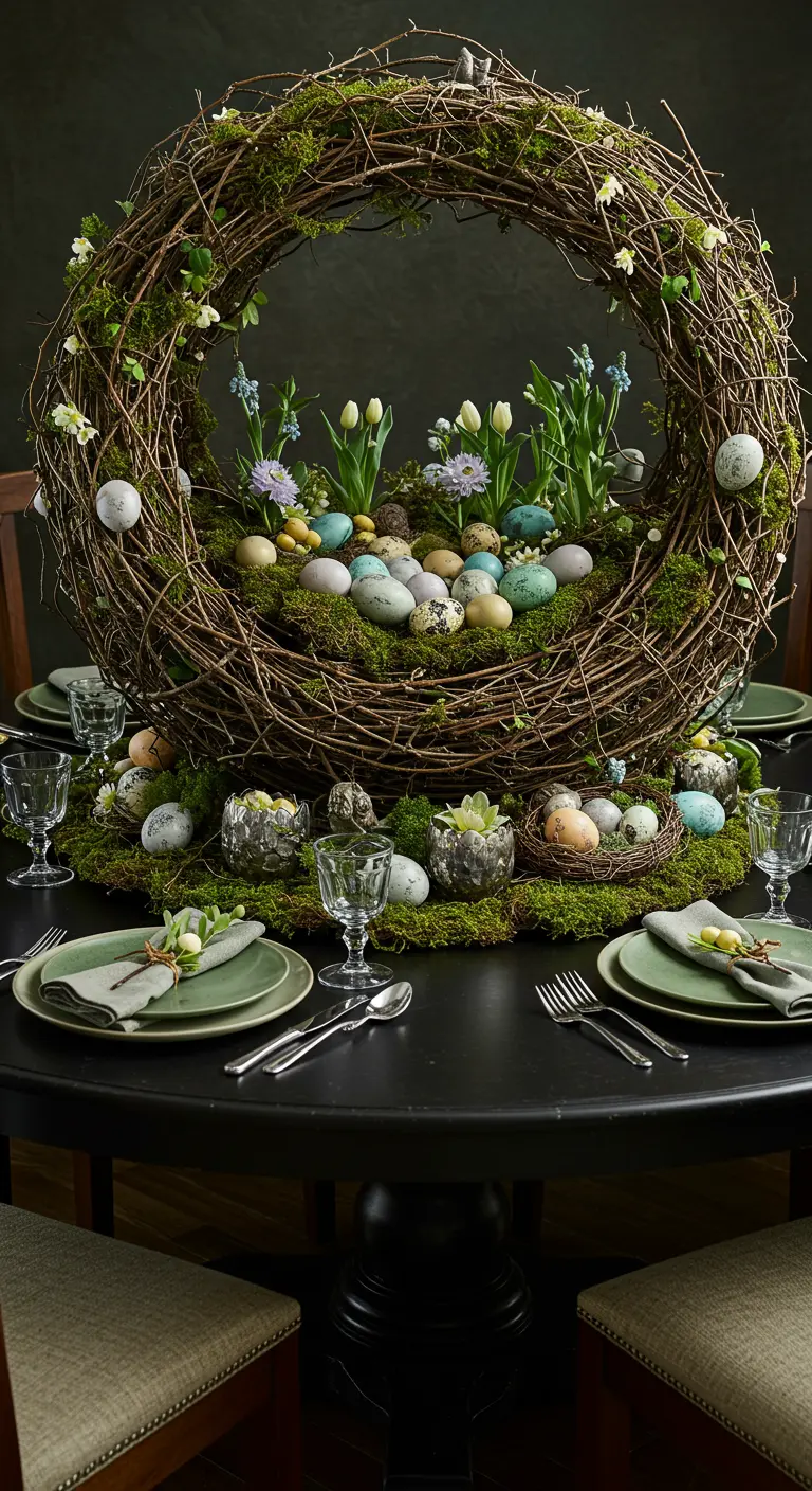 Centre de table spectaculaire : une grande couronne de Pâques garnie de mousse et d'œufs.