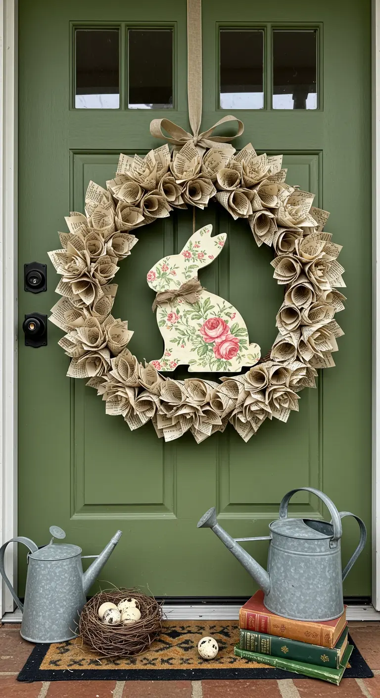 Couronne de Pâques faite avec des pages de livre et un lapin floral.