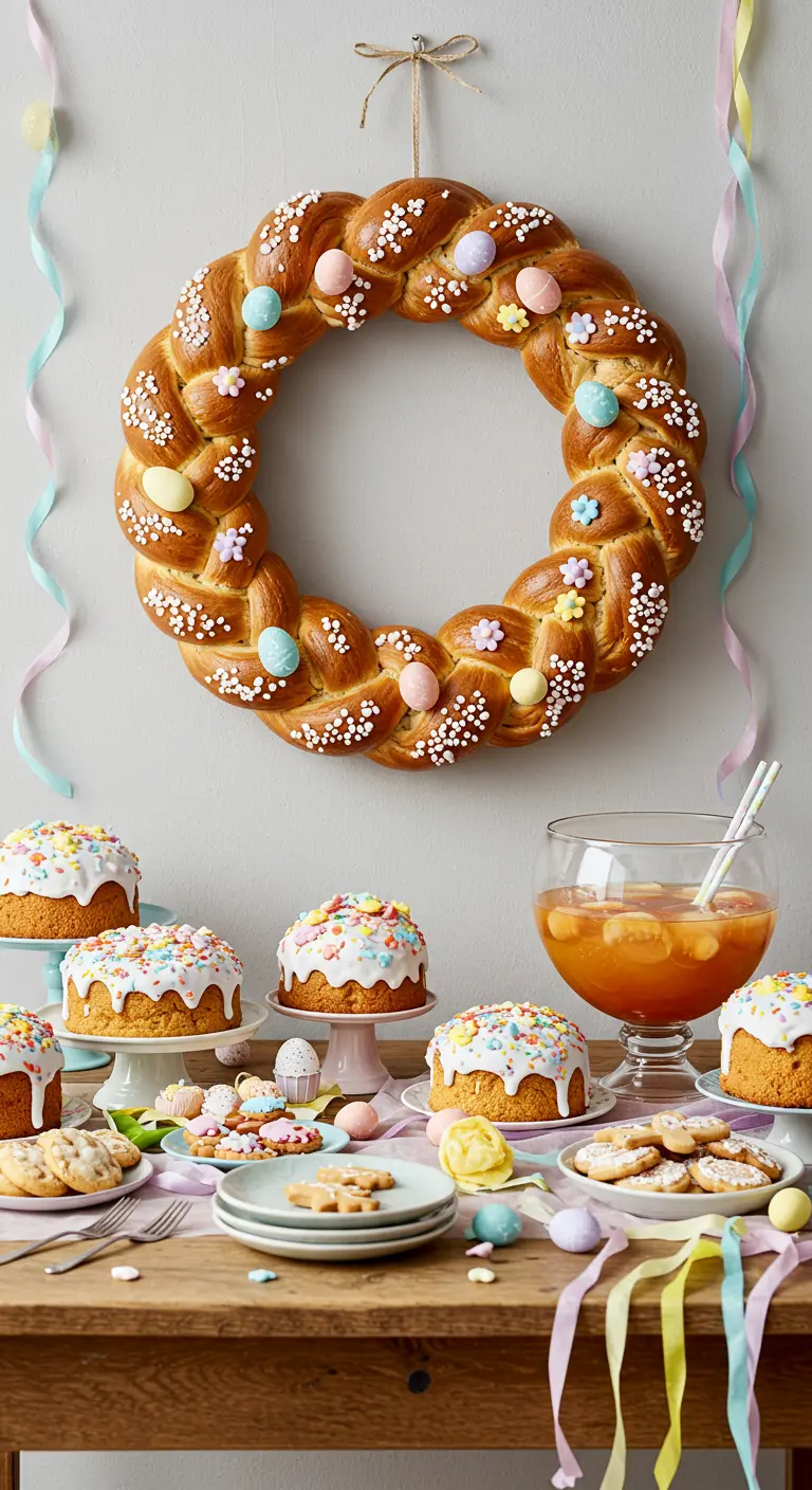 Couronne de brioche tressée décorée d'œufs en sucre, au-dessus d'une table de desserts.