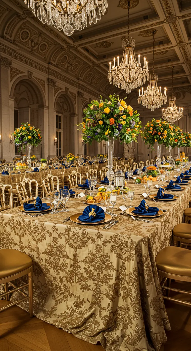 Table de banquet royal avec nappe dorée et chandeliers en cristal.