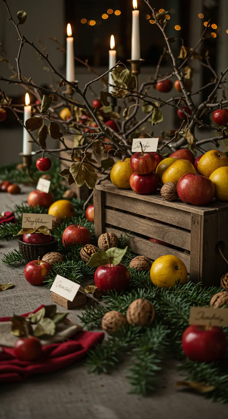 Centre de table composé d'une caisse en bois remplie de pommes, de noix et de branches.