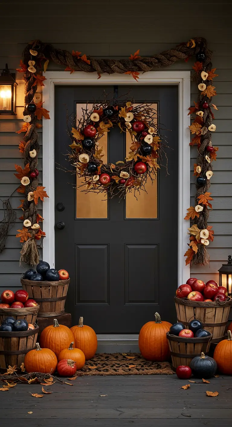 Porte noire avec une couronne et une guirlande de pommes et de feuilles d'automne.