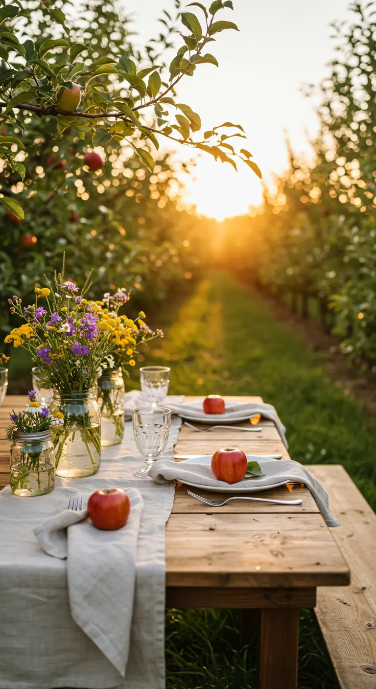 Table en bois dans un verger au coucher du soleil avec des pommes fraîches.