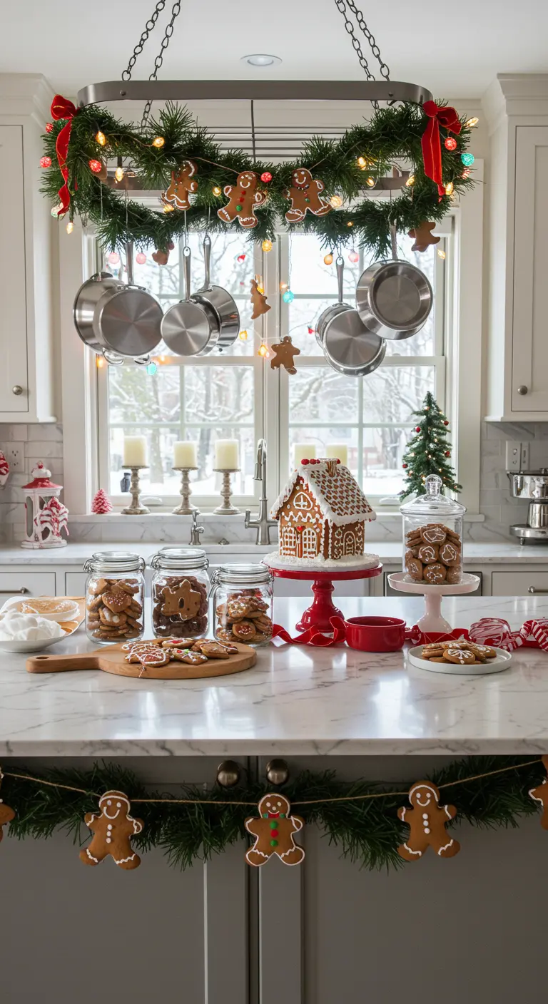 Cuisine décorée pour Noël avec une maison en pain d'épices et des guirlandes.