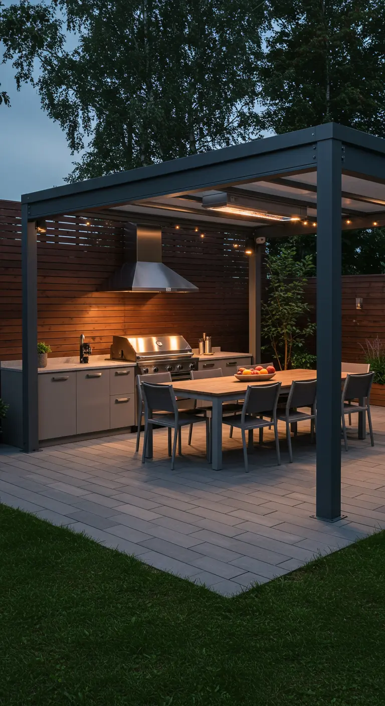 Cuisine d'été moderne avec barbecue sous une pergola éclairée.