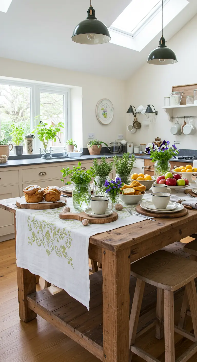 Table de Pâques dans une cuisine rustique avec herbes aromatiques en pots, fruits frais, gâteaux et tabourets en bois.