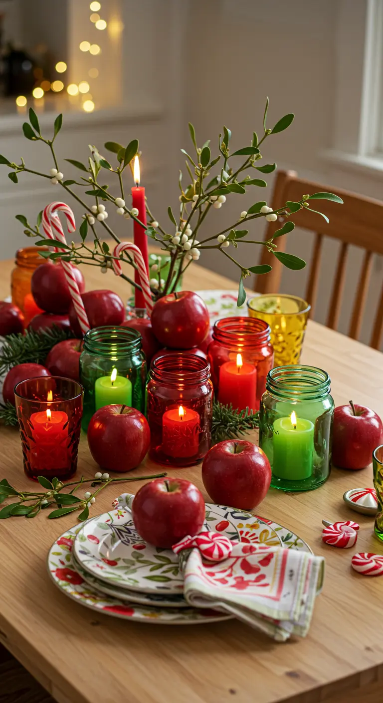 Table décorée de bocaux colorés avec des bougies, des pommes rouges, des sucres d'orge et du gui.
