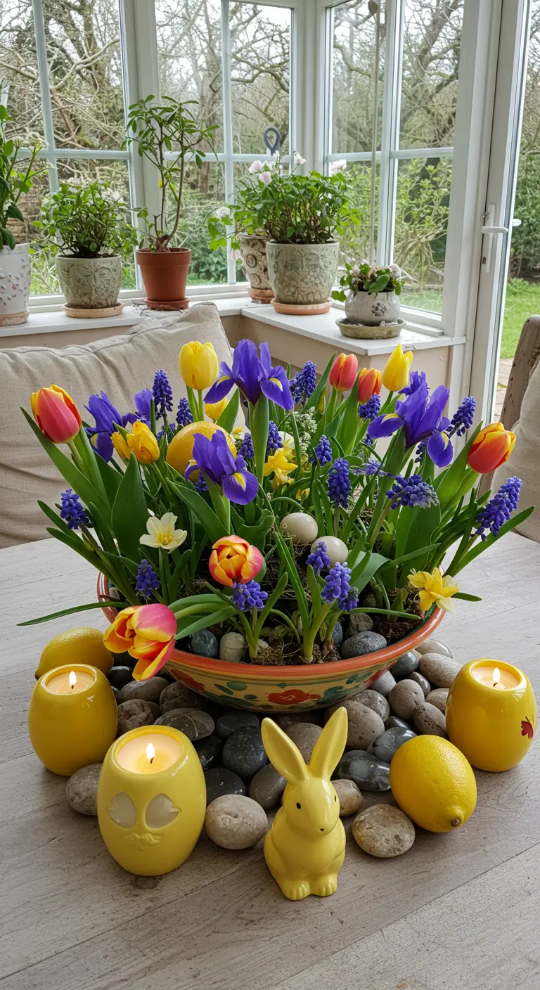 Centre de table printanier avec bulbes colorés, citrons frais et bougies décoratives en forme de citron.