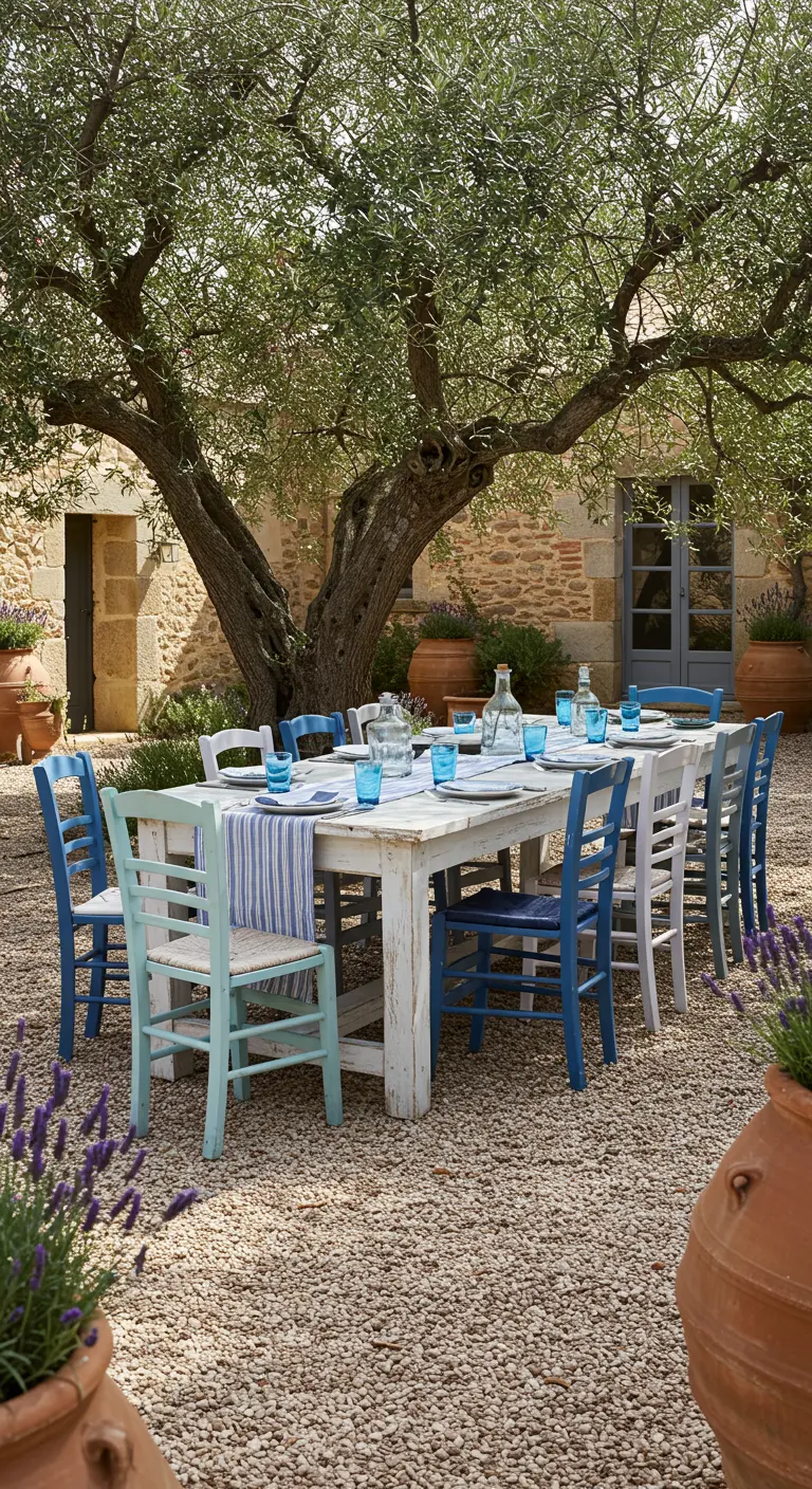 Table de jardin en bois blanc entourée de chaises peintes en divers tons de bleu, sous un olivier.