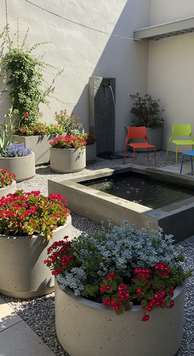 Patio avec fontaine en béton, pots ronds et rectangulaires remplis de fleurs rouges et plantes argentées, chaises colorées.
